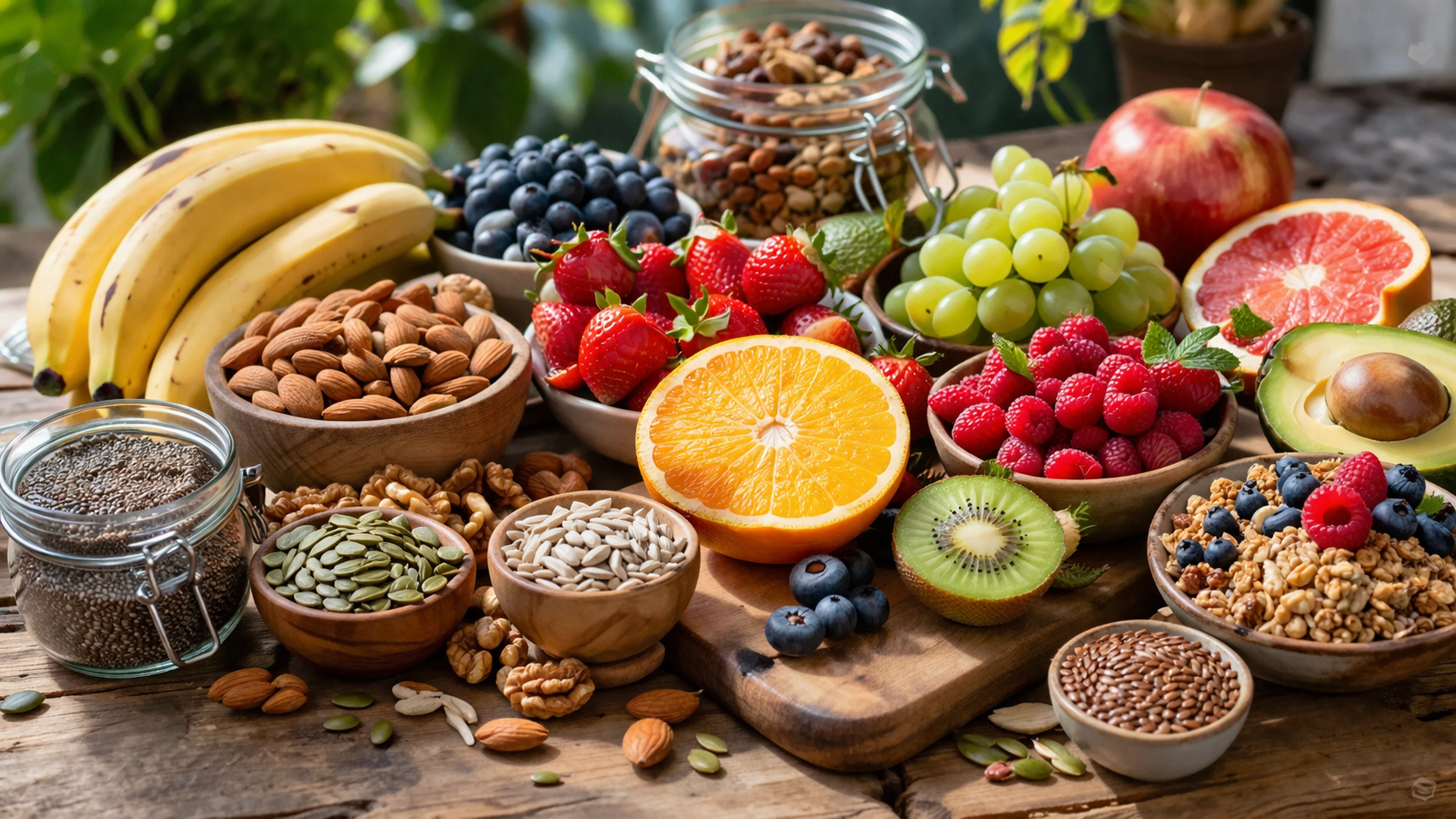 fresh colorful fruits, nuts and seeds arranged on a wooden table with natural morning light, healthy breakfast ingredients, vibrant and inviting composition