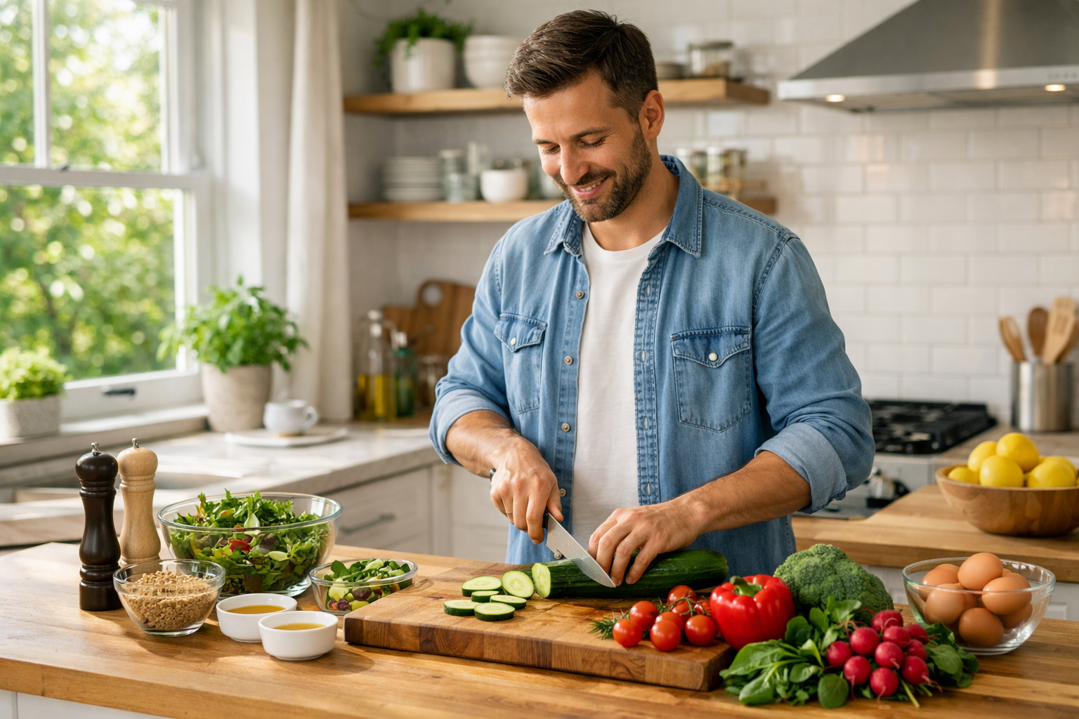 Manpreparing a healthy meal in a bright modern kitchen, fresh vegetables on cutting board, natural light streaming through window, calm and organized cooking scene